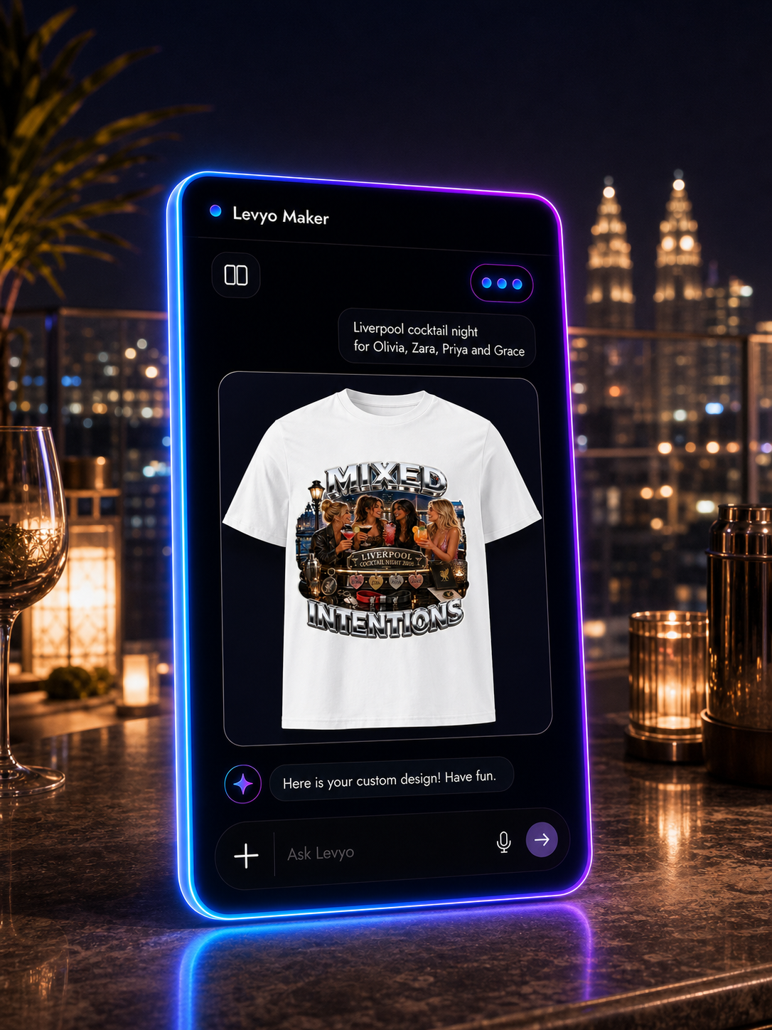Levyo Maker result screen for cocktail night t shirts