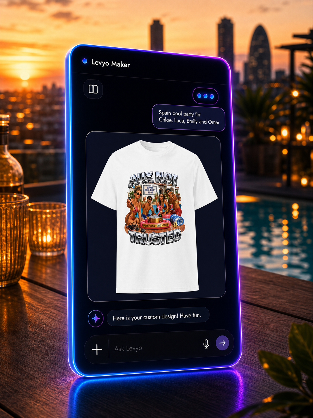 Levyo Maker result screen for pool party t shirts