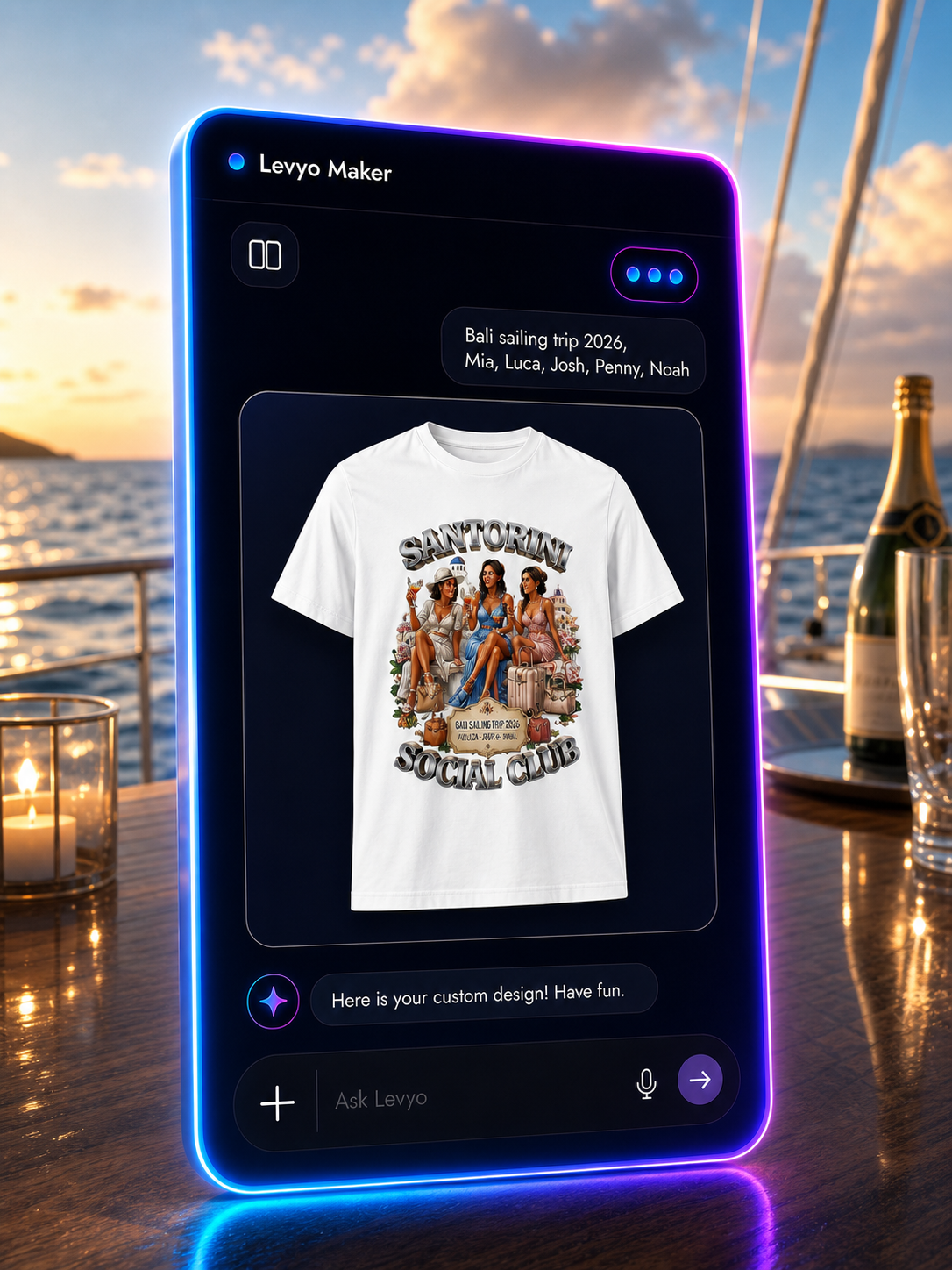 Levyo Maker result screen for sailing trip t shirts