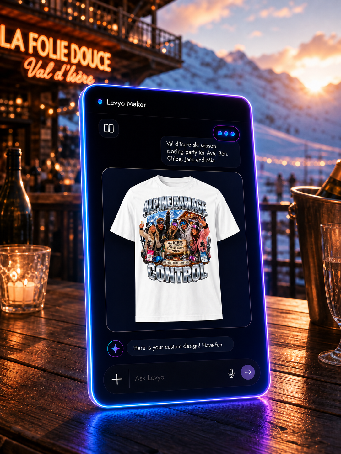 Levyo Maker result screen for ski season closing party t shirts