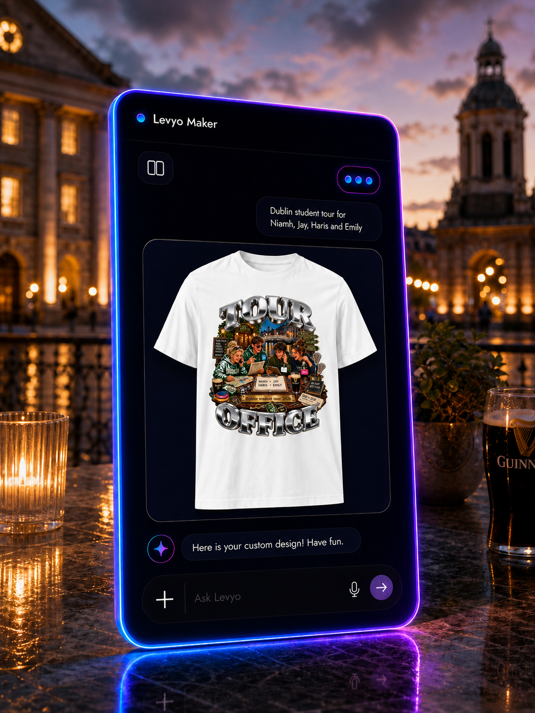 Levyo Maker result screen for student tour t shirts