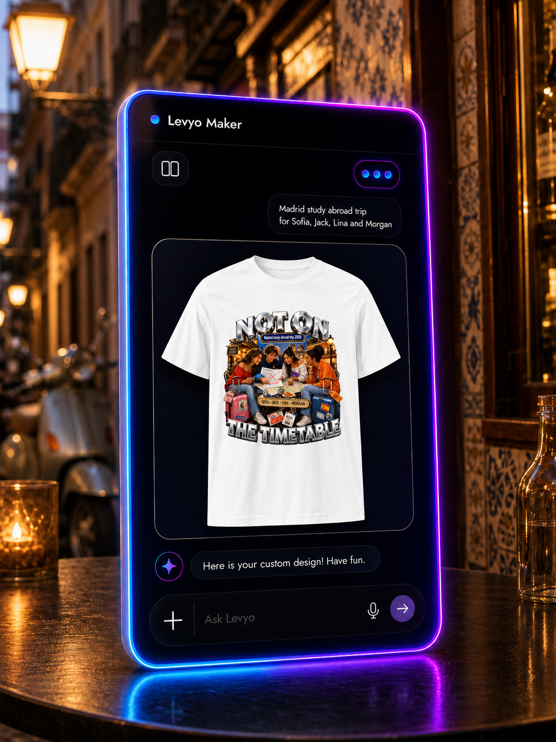 Levyo Maker result screen for study abroad trip t shirts