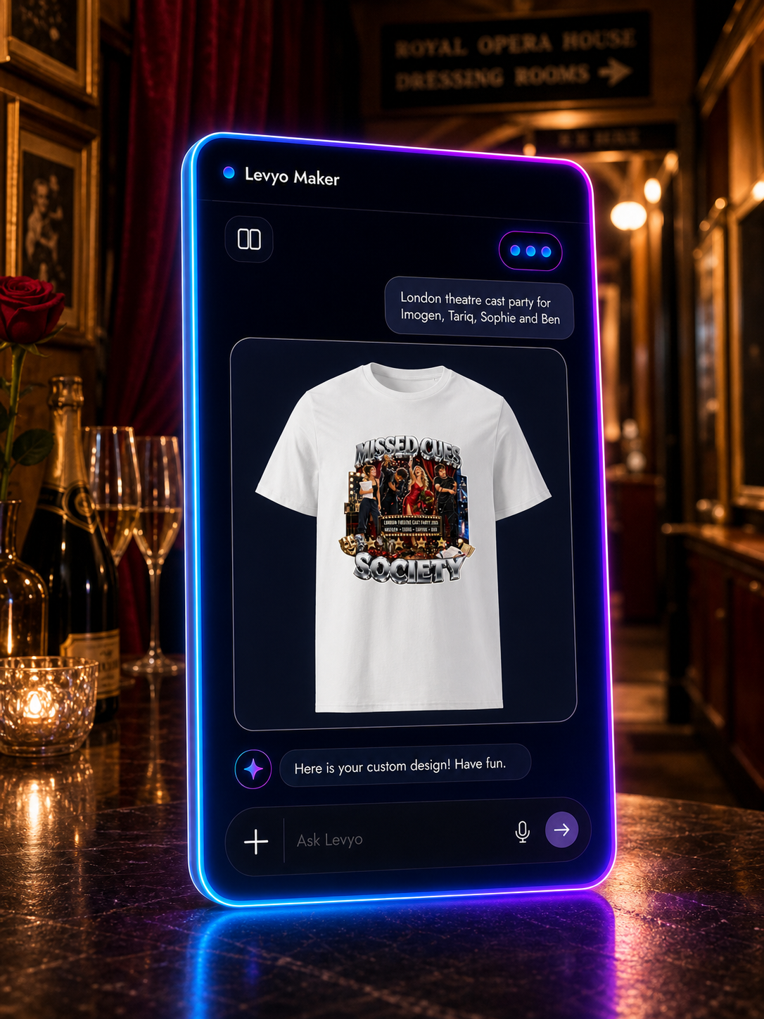 Levyo Maker result screen for theatre cast party t shirts