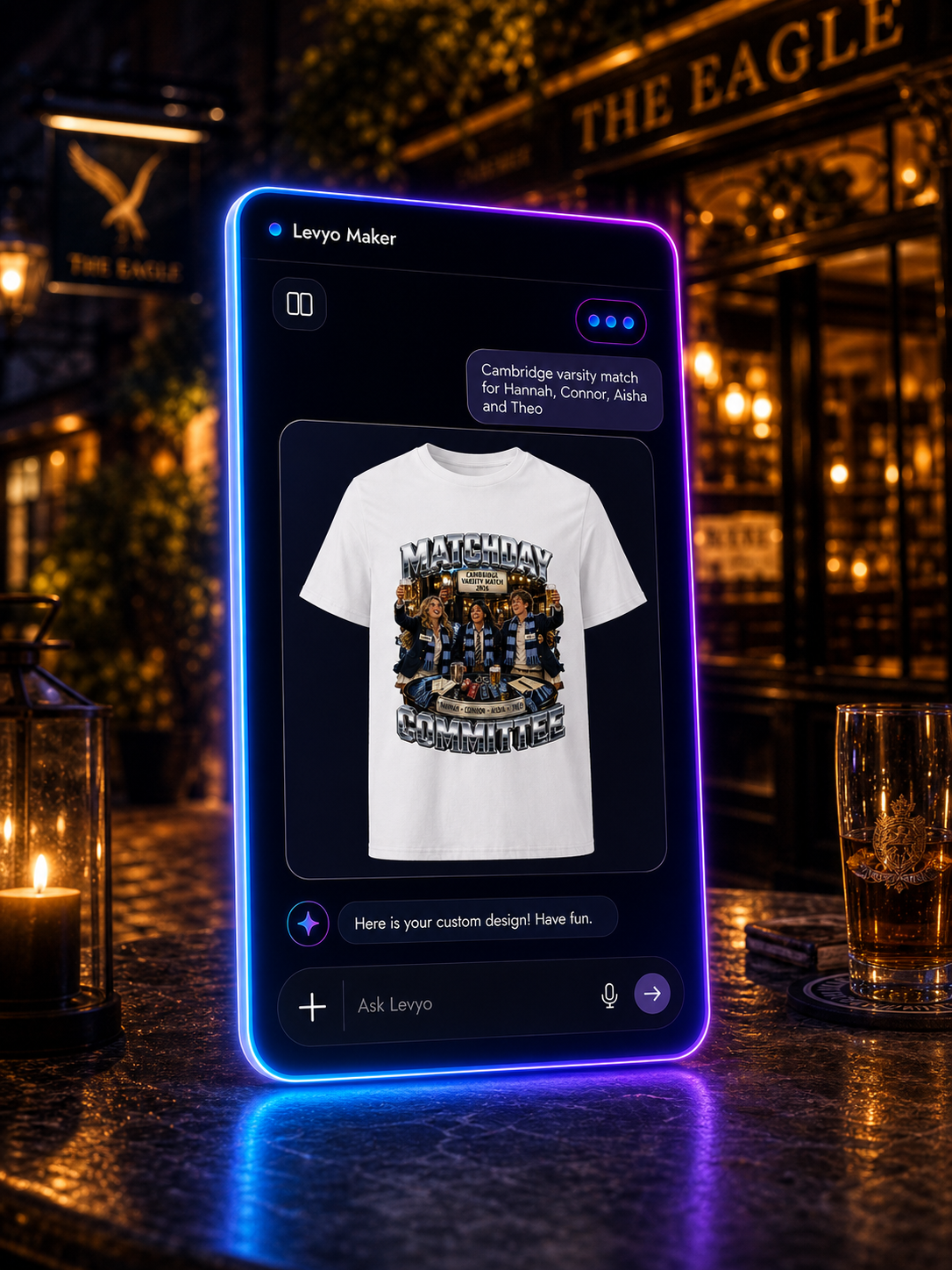 Levyo Maker result screen for varsity match t shirts