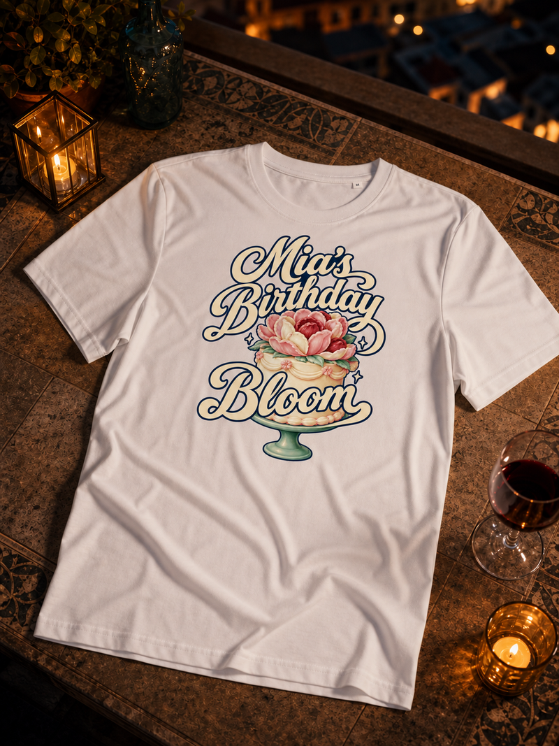 Illustrated white T-shirt with the actual Levyo Maker design: Mia’s Birthday Bloom lettering and a flower-topped birthday cake.