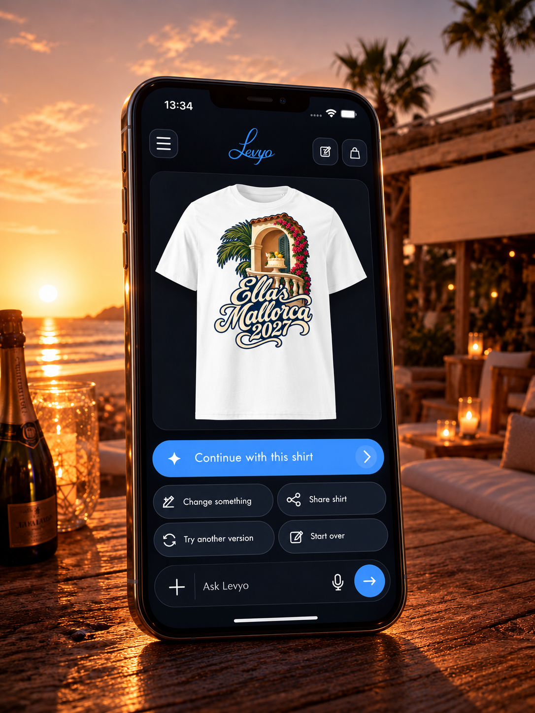 Illustrated iPhone showing Ella’s Mallorca 2027 shirt and the Levyo Maker controls.