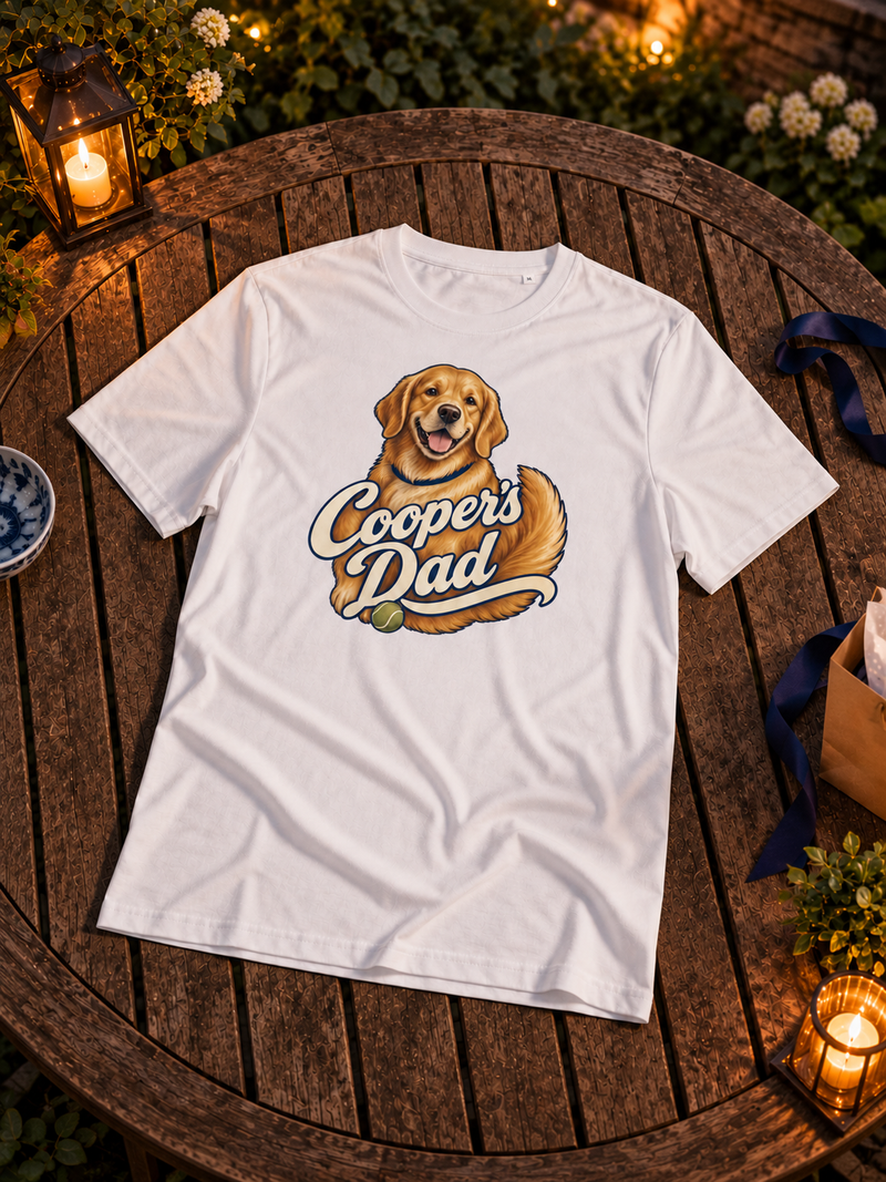 Illustrative garden product scene: the Cooper’s Dad T-shirt with the Maker-created Golden Retriever artwork, laid on a wooden table.