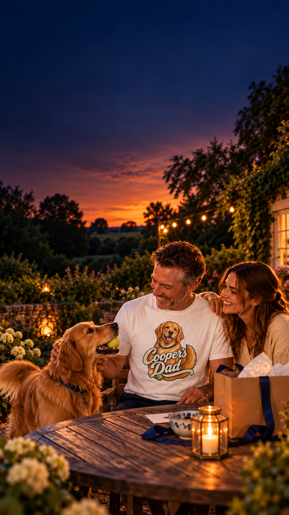 Illustrative gift scene: a dad wearing the Cooper’s Dad shirt beside his daughter and their Golden Retriever in a garden.