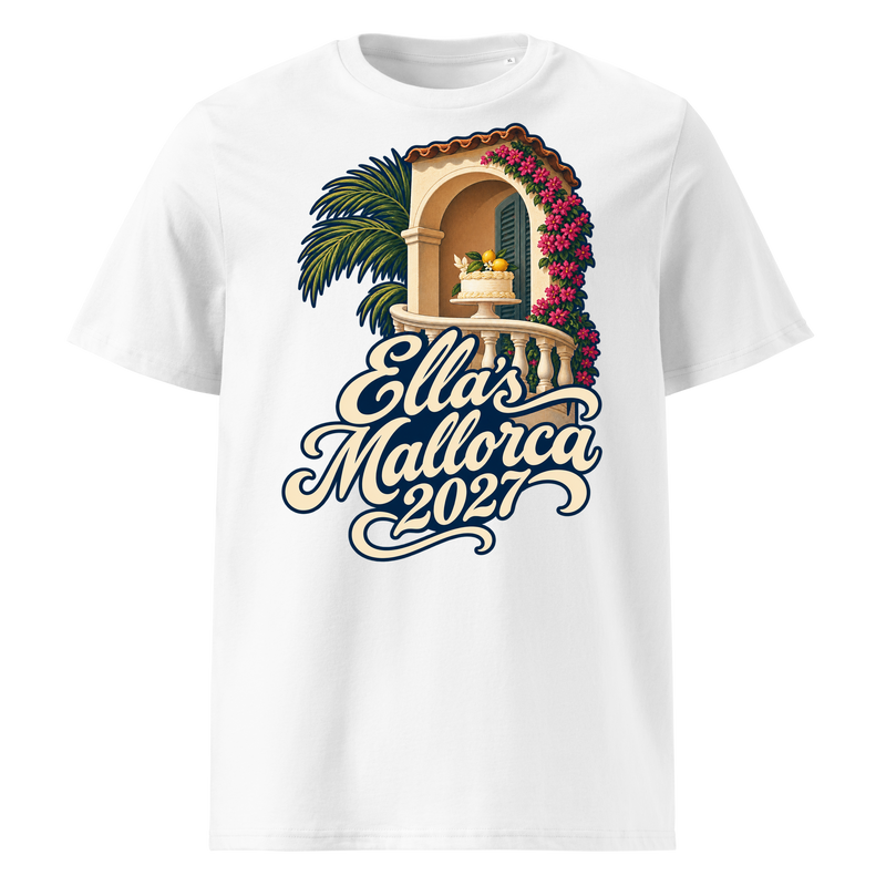 Design preview on a white Premium T-shirt: Ella’s Mallorca 2027 lettering with a villa balcony and birthday cake.