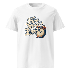 Design preview from Levyo Maker: a white Base T-shirt with Five More Minutes and a small alarm clock.