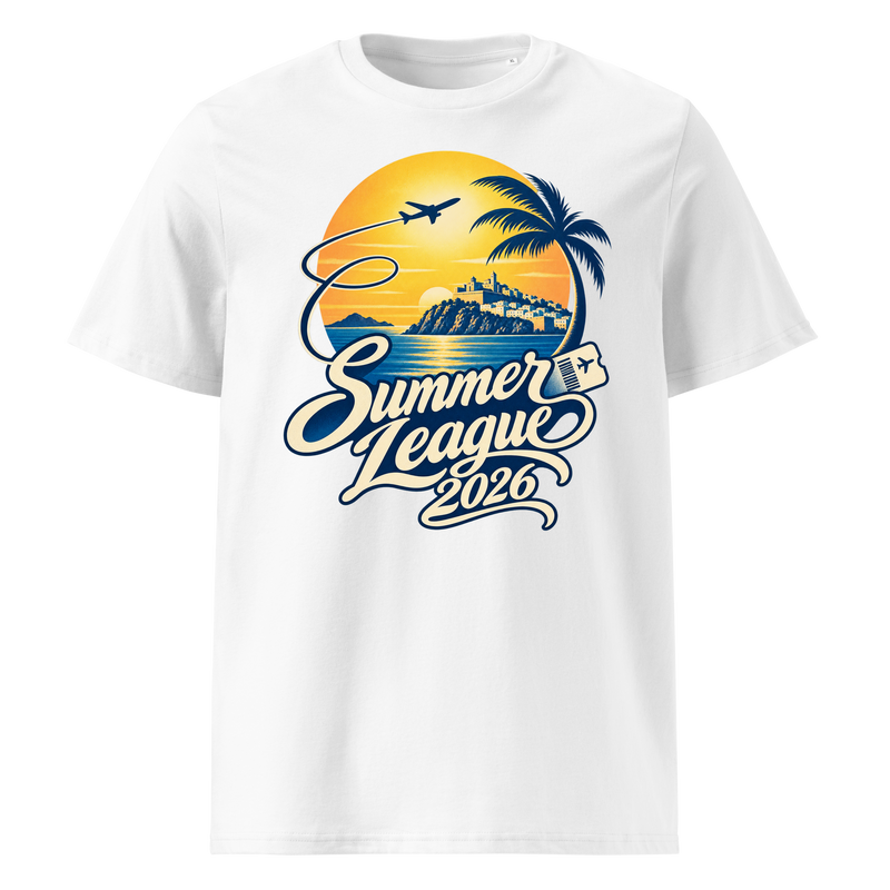 Design preview on a white Premium T-shirt: Summer League 2026 lettering with an Ibiza sunset, palm tree and plane.