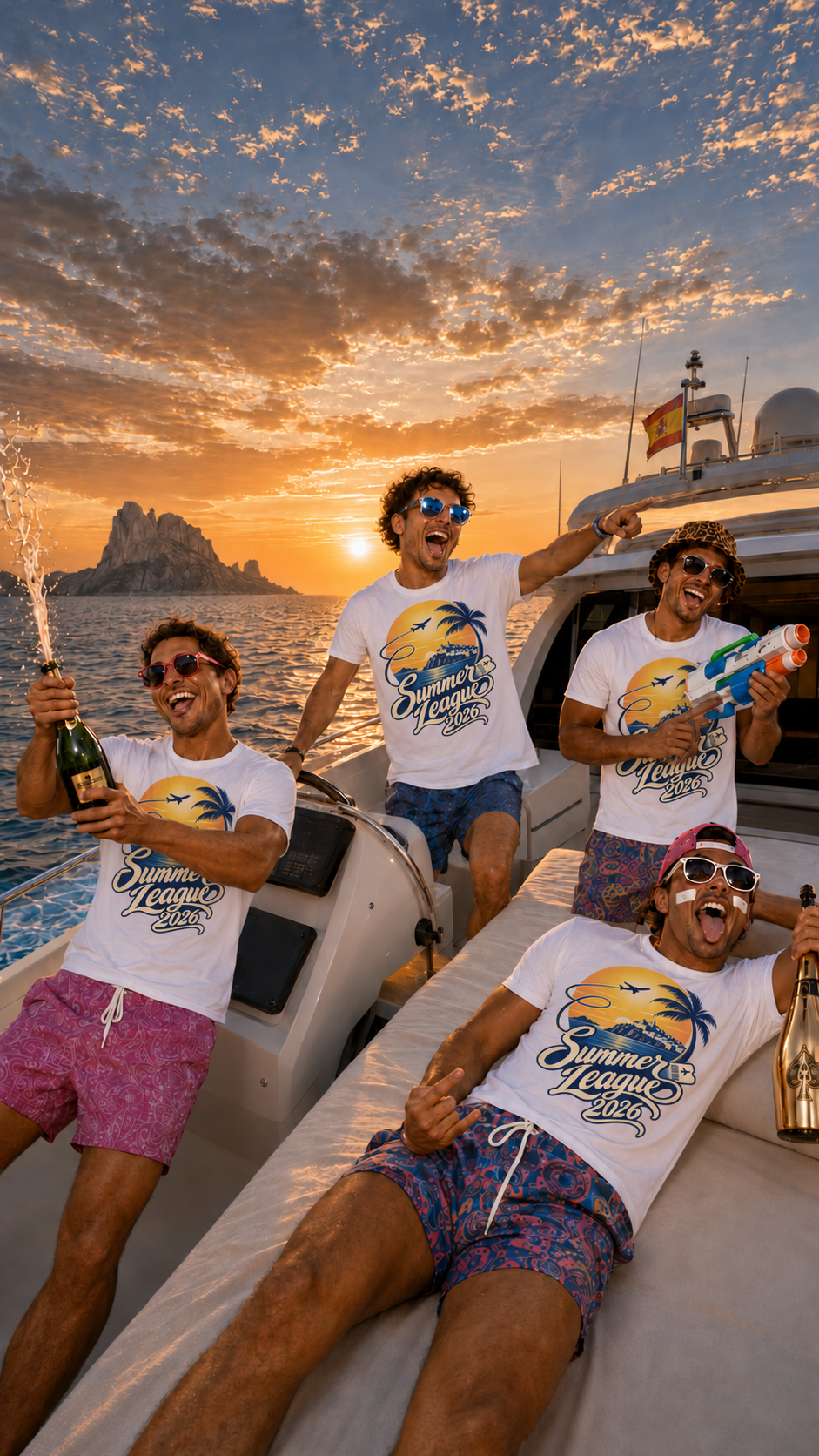 Illustrated friends on the original Ibiza yacht at sunset wearing the Summer League 2026 example design.