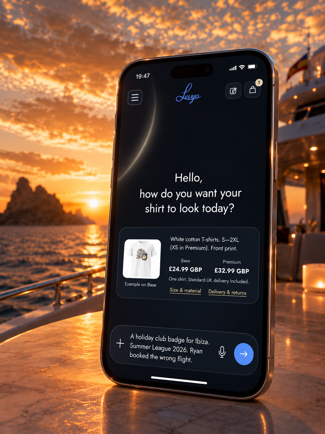 Illustrated iPhone in the Ibiza yacht setting with the short holiday idea entered in Levyo Maker.