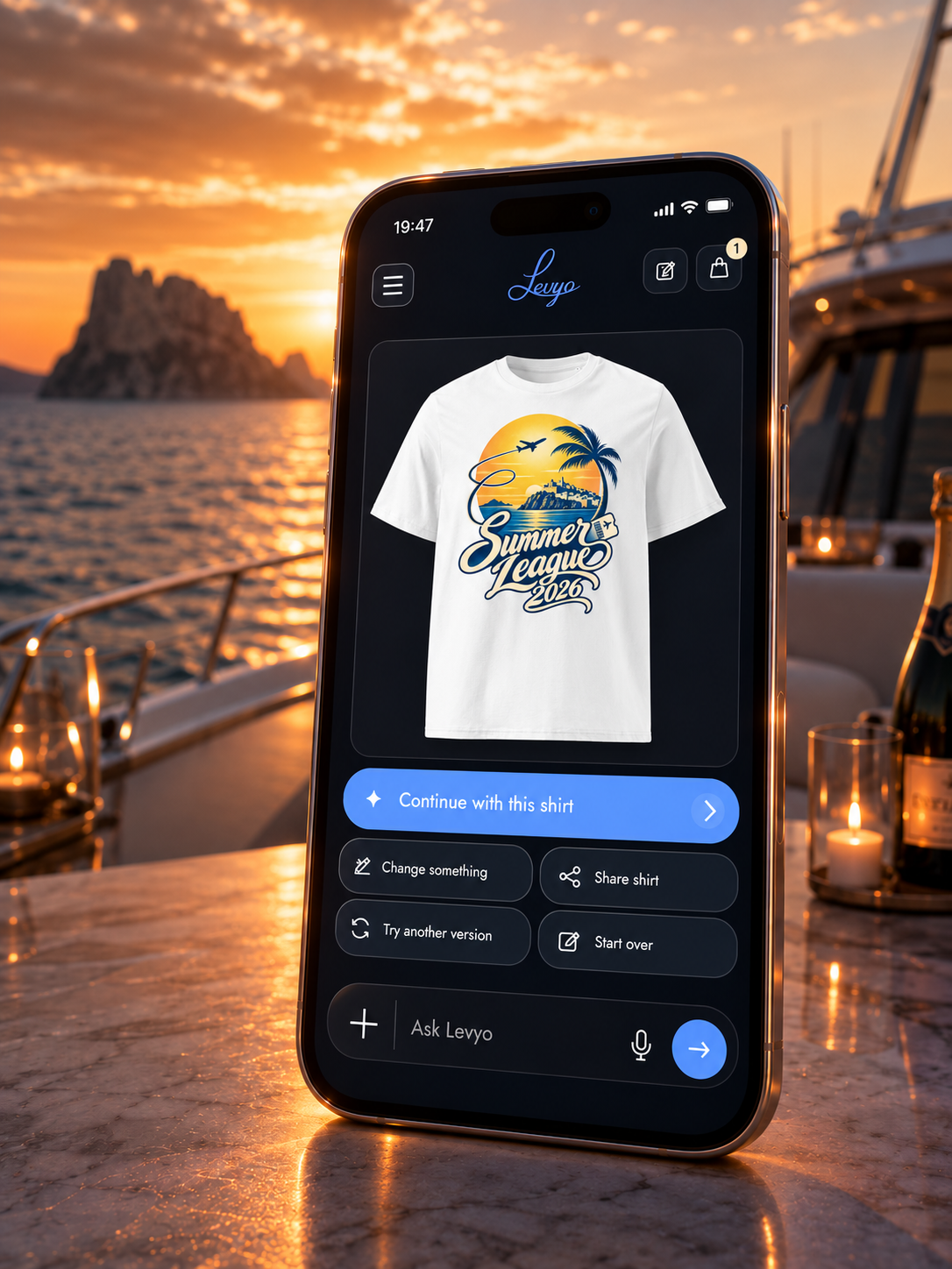 Illustrated iPhone in the same Ibiza setting showing the Summer League 2026 design and actual Levyo Maker actions.