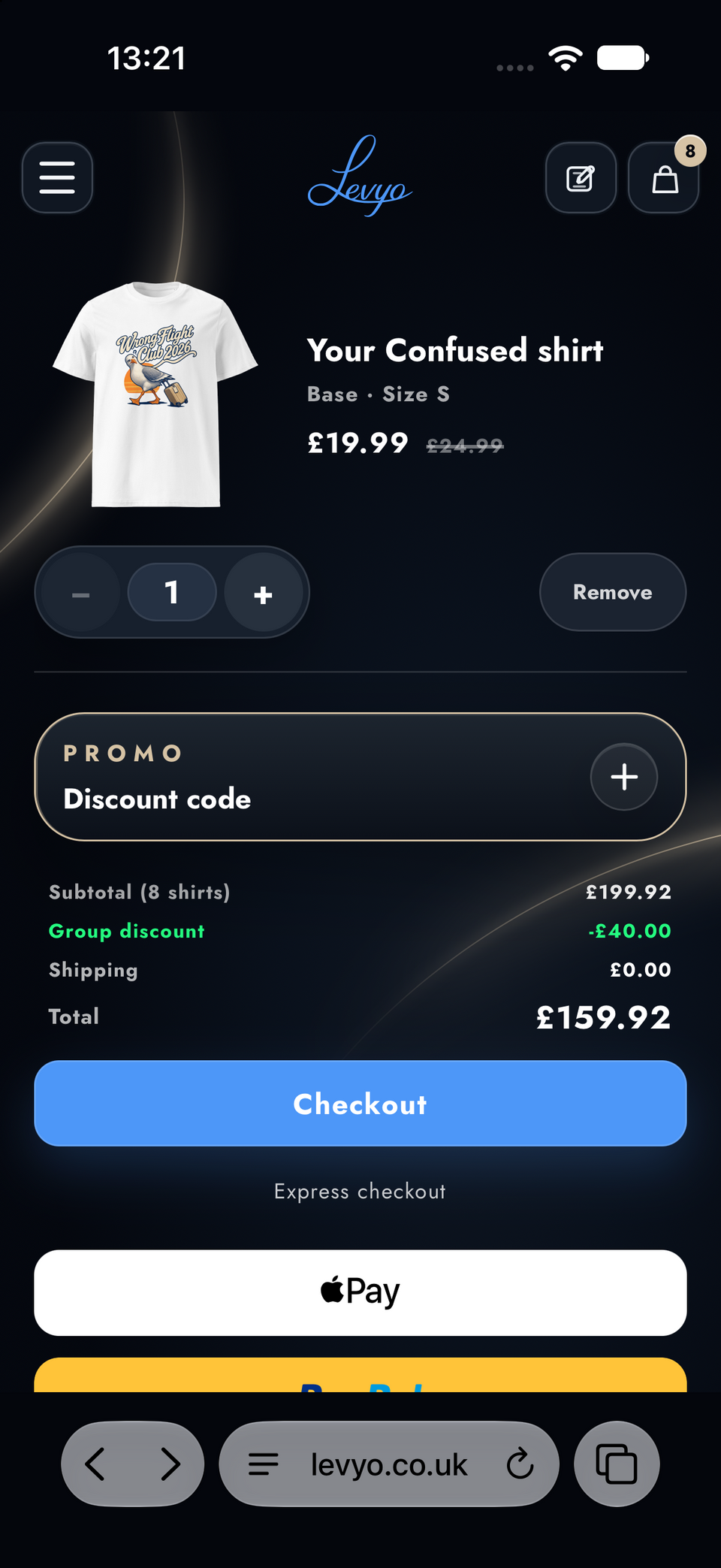 Levyo cart showing a subtotal for eight shirts, an automatic group discount, Shipping £0.00 and the final total.
