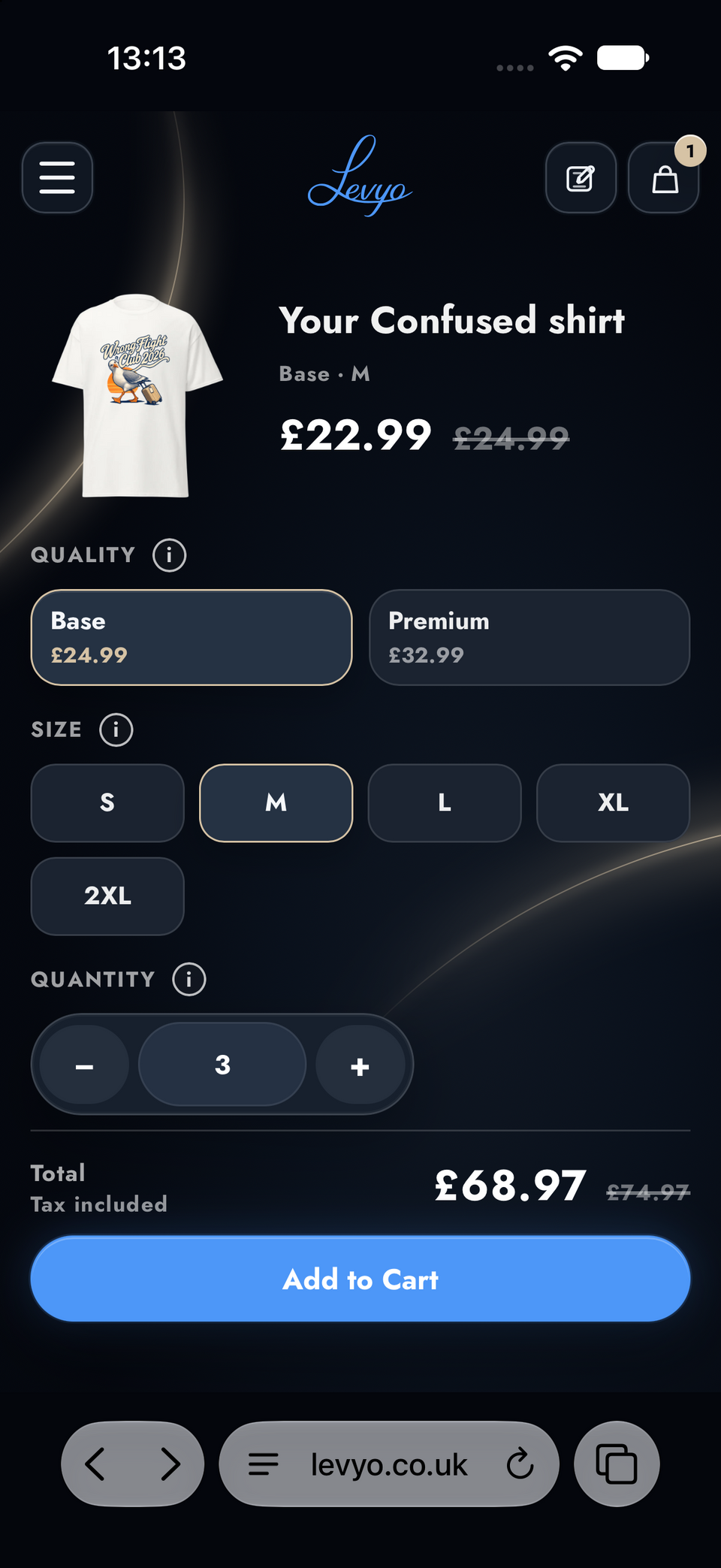 Levyo shirt options with Base quality, size M and quantity 3 selected for the same seagull design.