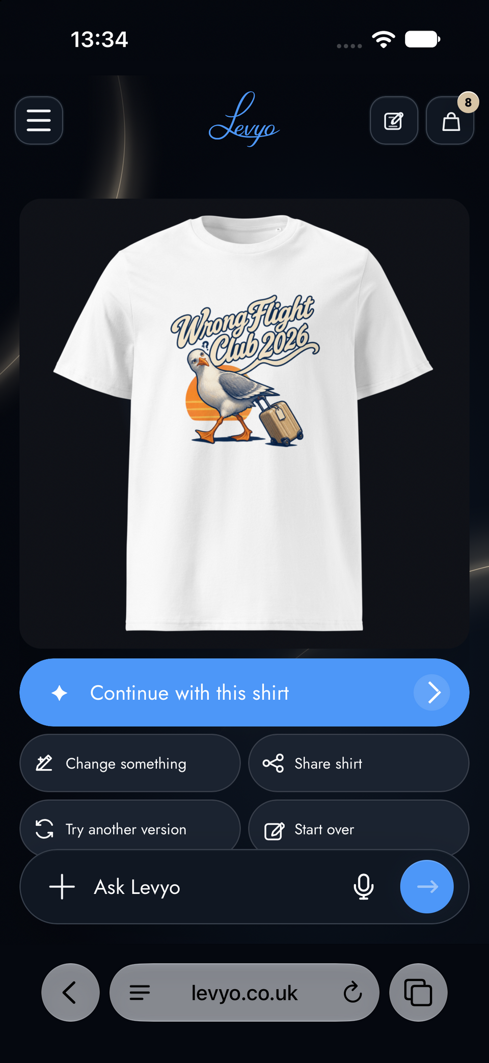 Levyo mobile Maker showing the Wrong Flight Club 2026 seagull shirt and the Continue with this shirt button.