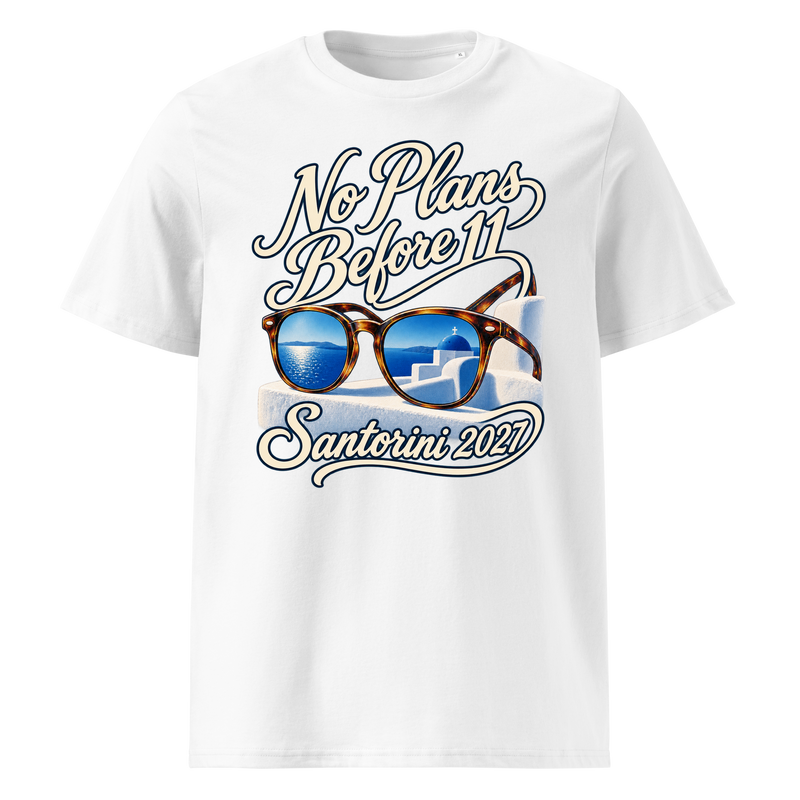 Design preview on a white Premium T-shirt: No Plans Before 11 and Santorini 2027 lettering with sunglasses on a blue-and-white terrace.