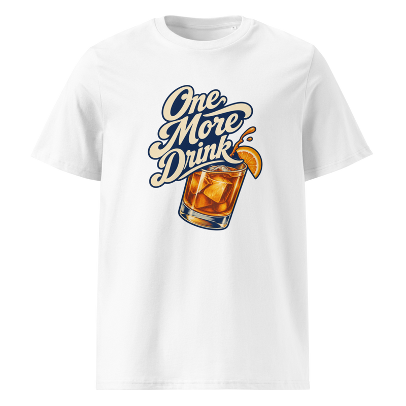 Actual Levyo Maker mockup: One More Drink lettering and an orange cocktail on a white T-shirt.