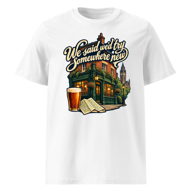 Example pub crawl design on a white Premium T-shirt, with a pub, pint and folded map