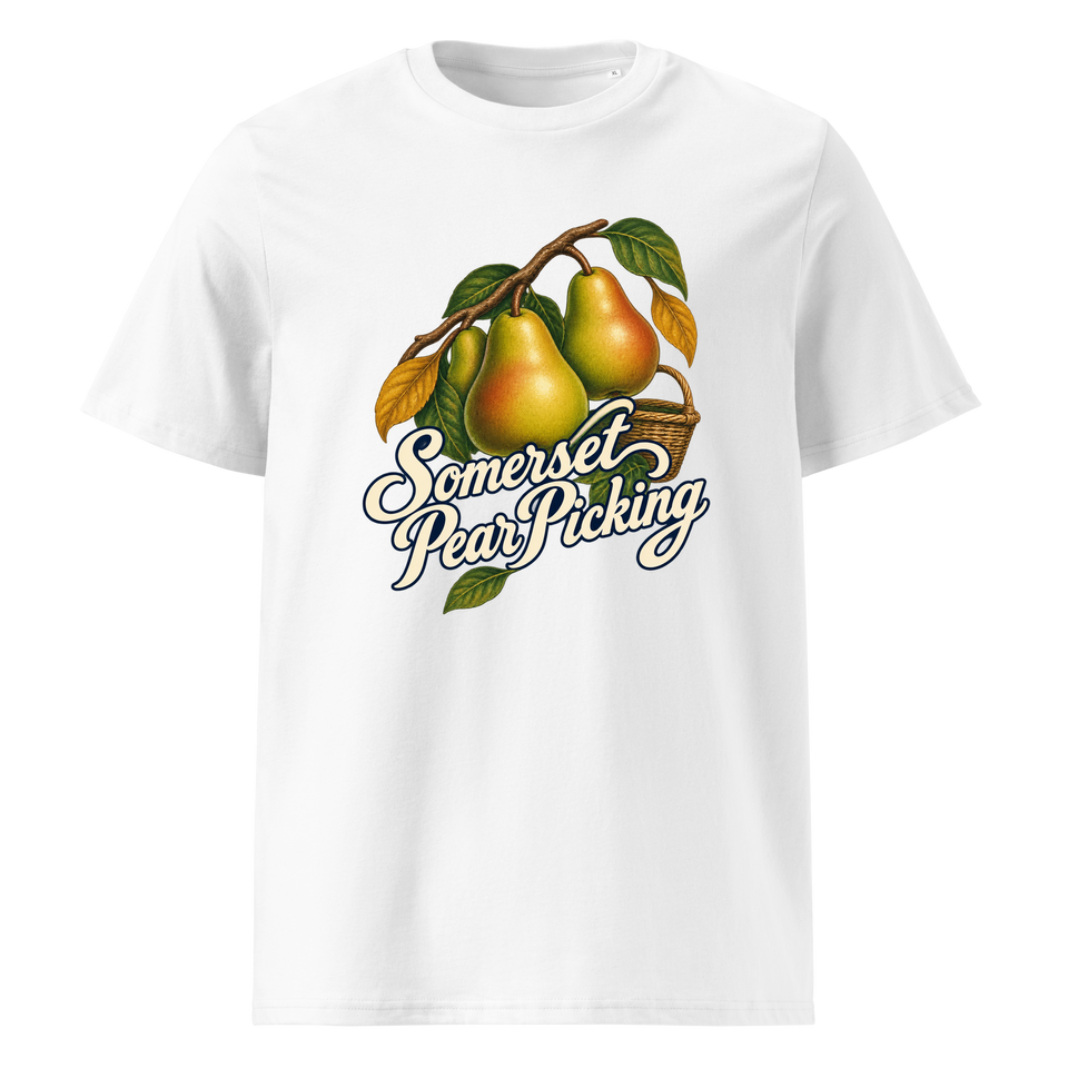 Somerset pear-picking T-shirt with illustrated pears and cream script lettering