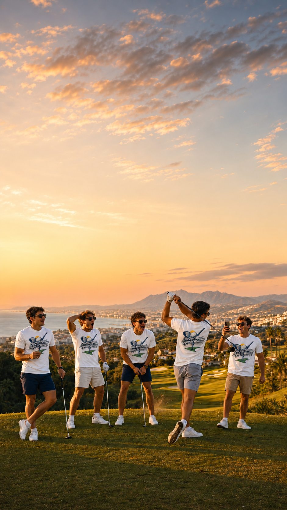 Illustrated stag golf-trip group in Marbella at sunset wearing the One Last Round Before the Wedding design.