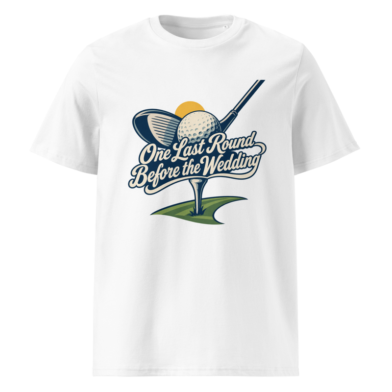 Levyo Maker design preview: a white T-shirt with One Last Round Before the Wedding lettering, a golf ball, club and tee.
