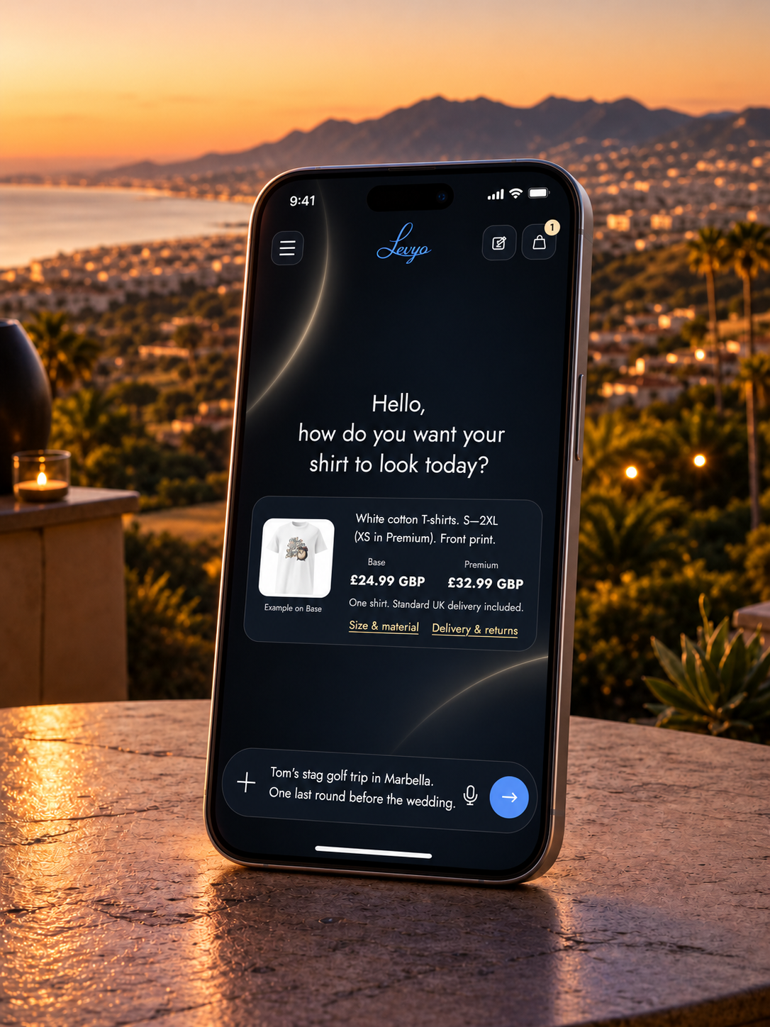 Illustrated iPhone in the original Marbella golf-trip setting, with a short idea entered in Levyo Maker.