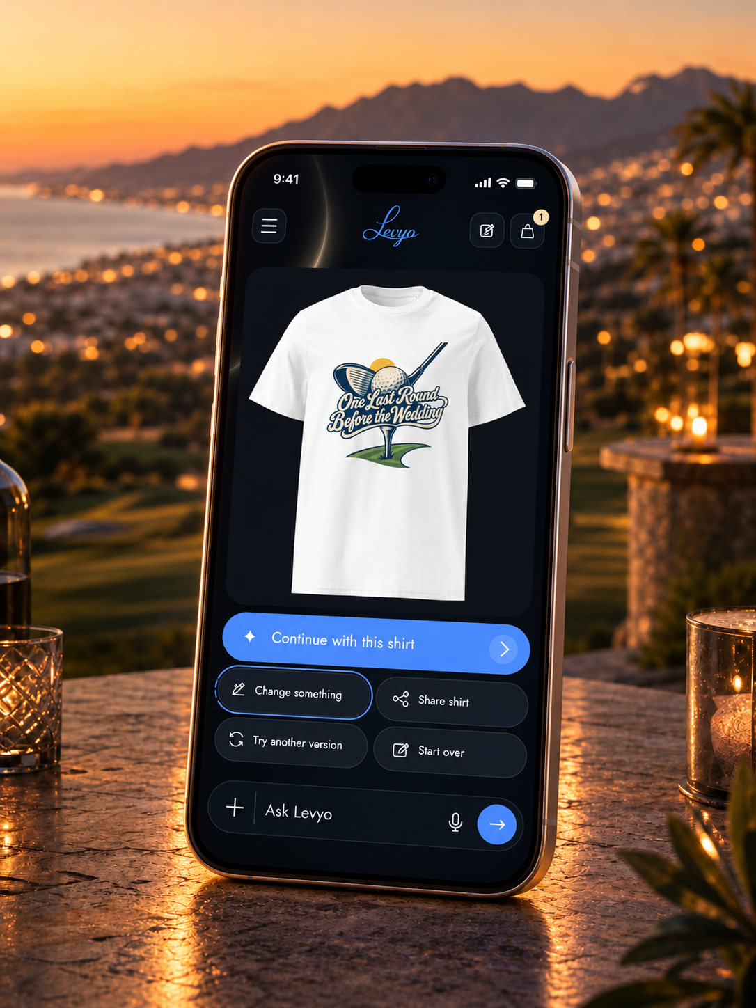 Illustrated iPhone showing the real Last Round design and current Levyo Maker shirt actions.