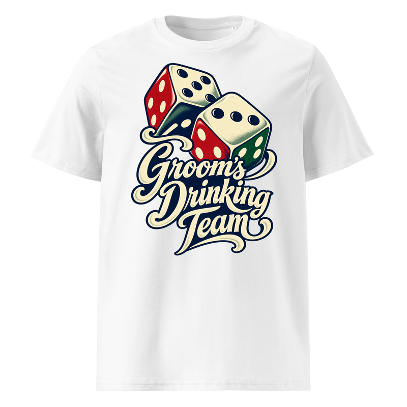 Design preview on a white Premium T-shirt: Groom's Drinking Team lettering with two illustrated dice.