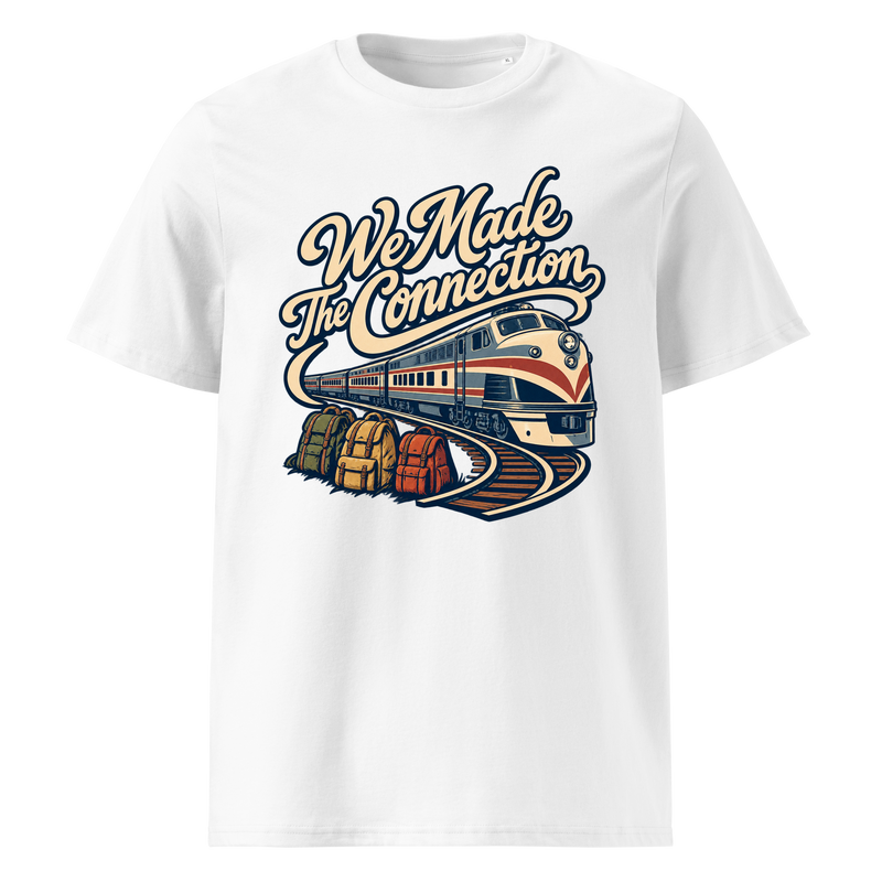 Design preview on a white Premium T-shirt: We Made The Connection lettering with a train, curved track and three backpacks.