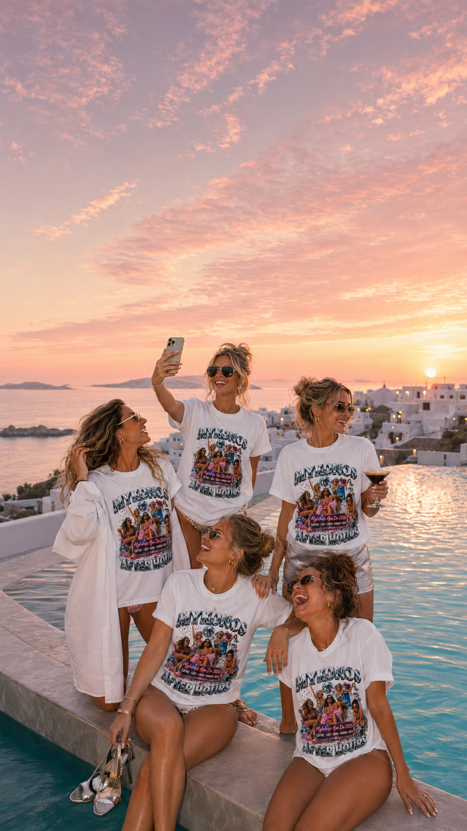 Hen party crew wearing matching Levyo shirts before a night out