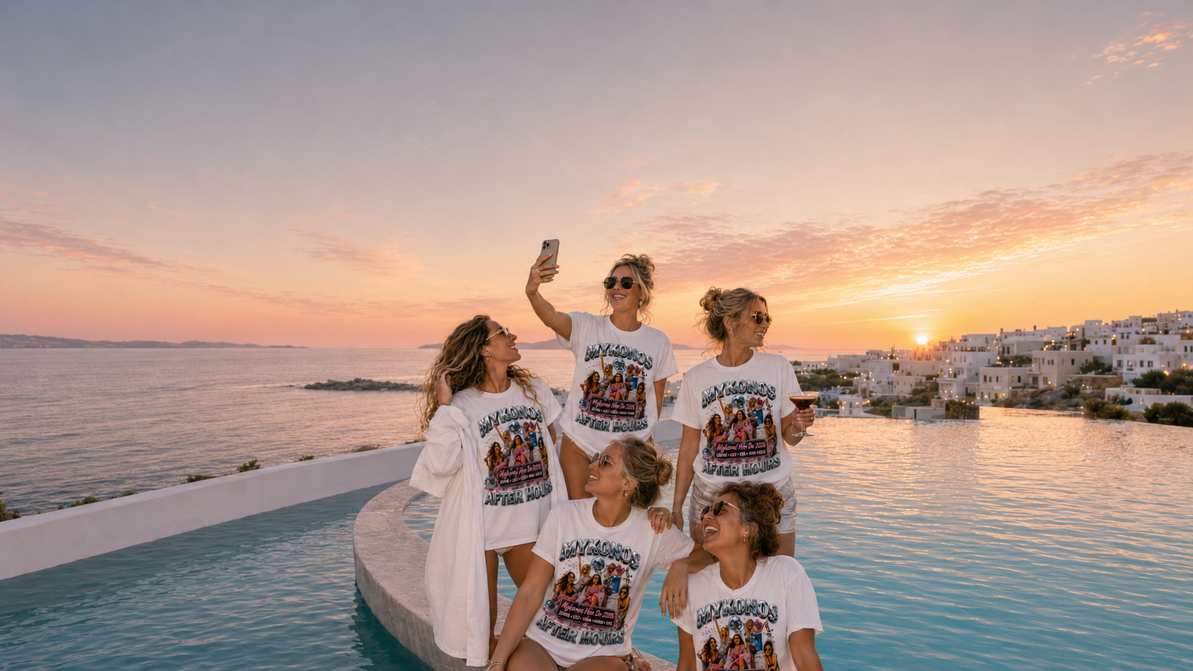 Hen party crew wearing matching Levyo shirts before a night out