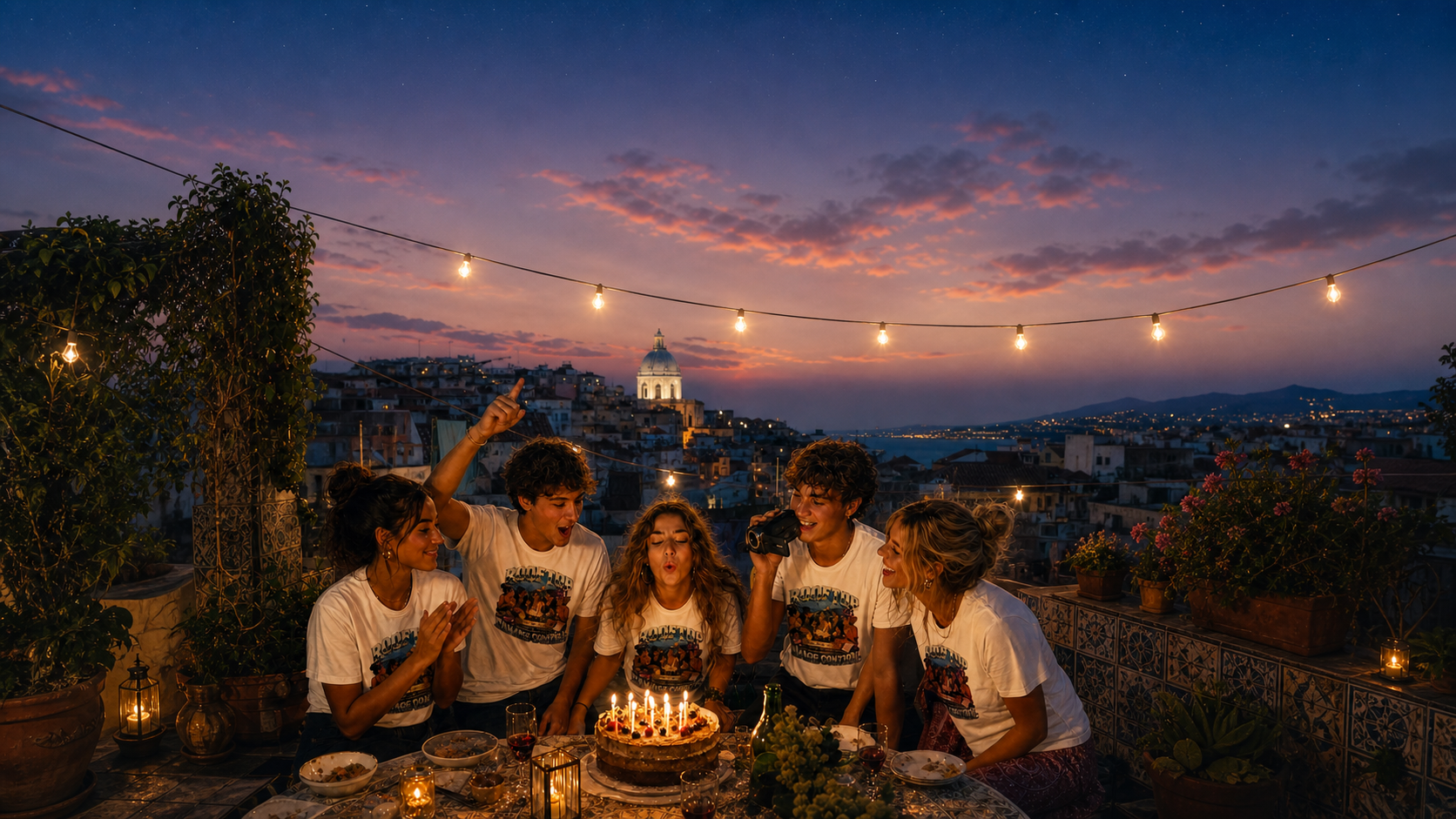 Birthday party friends in Lisbon wearing matching Levyo shirts at a candlelit rooftop dinner