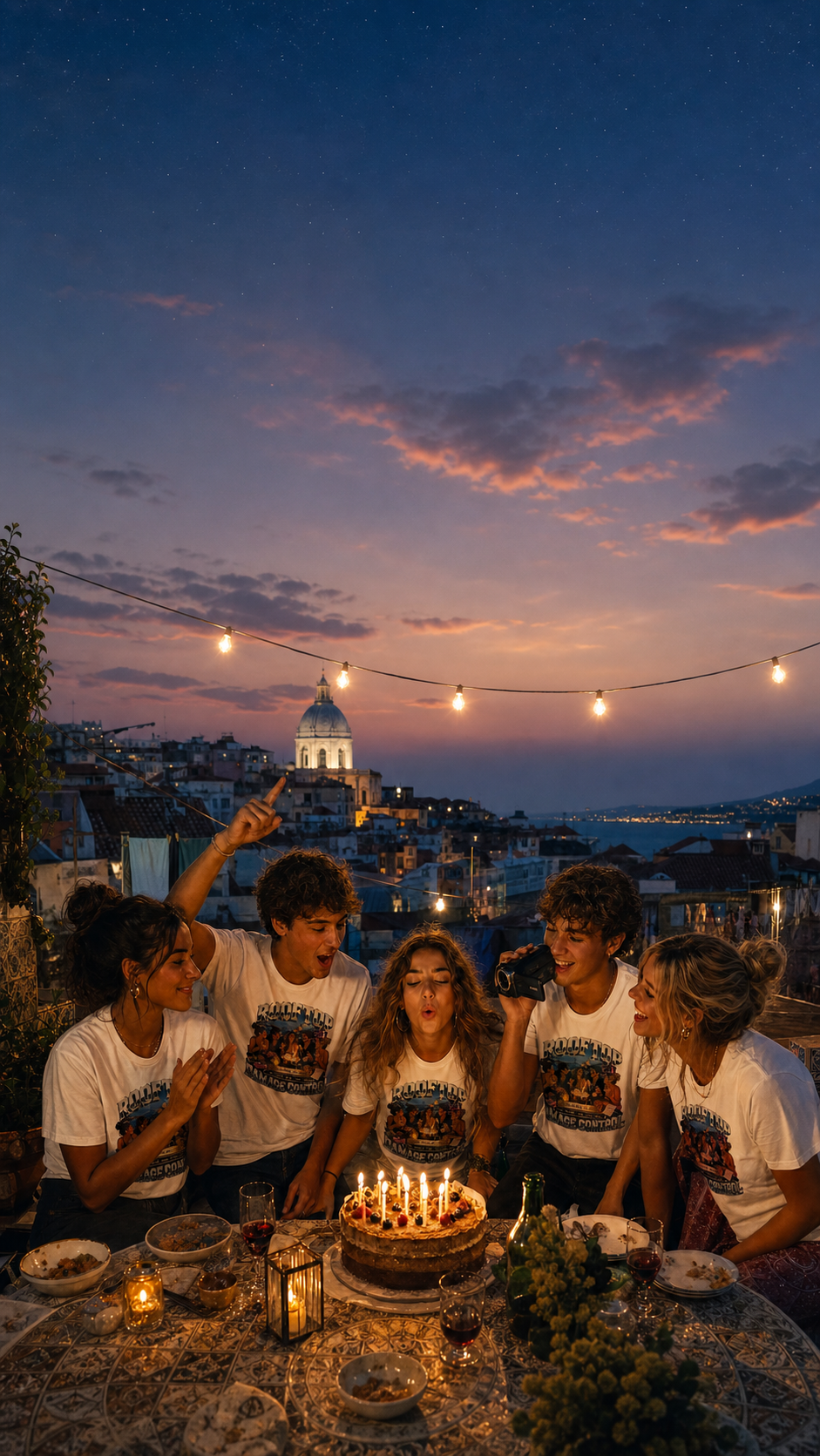 Birthday party friends in Lisbon wearing matching Levyo shirts at a candlelit rooftop dinner