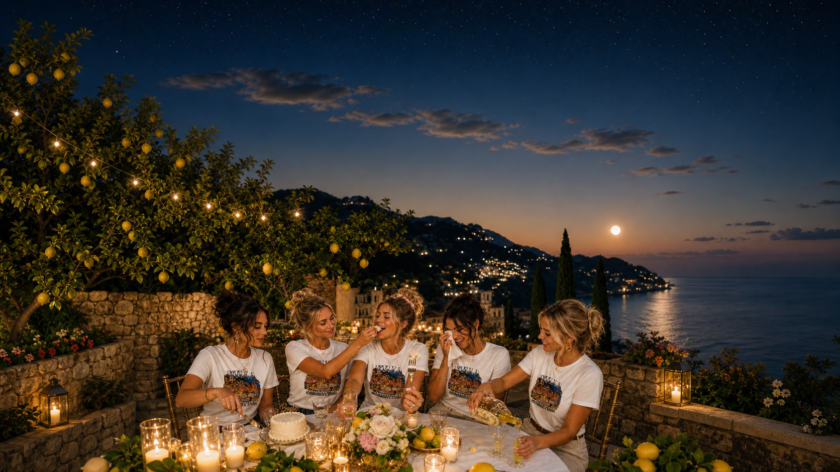 Bridal party on the Amalfi Coast wearing matching Levyo shirts for villa mornings and getting-ready photos
