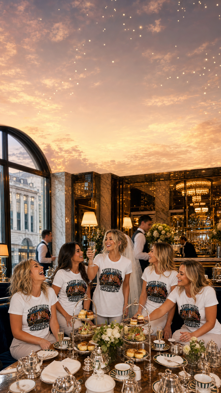 Bridal shower group in Leeds wearing matching Levyo shirts for afternoon tea and drinks