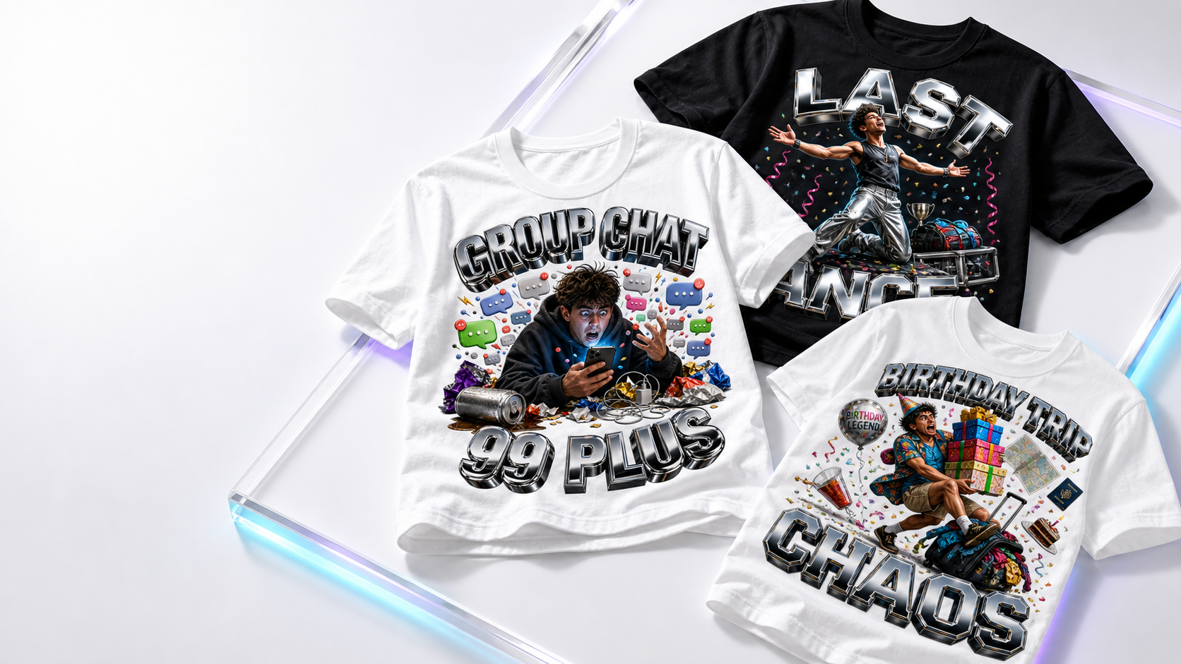 Three custom Levyo group shirts arranged as premium product photography