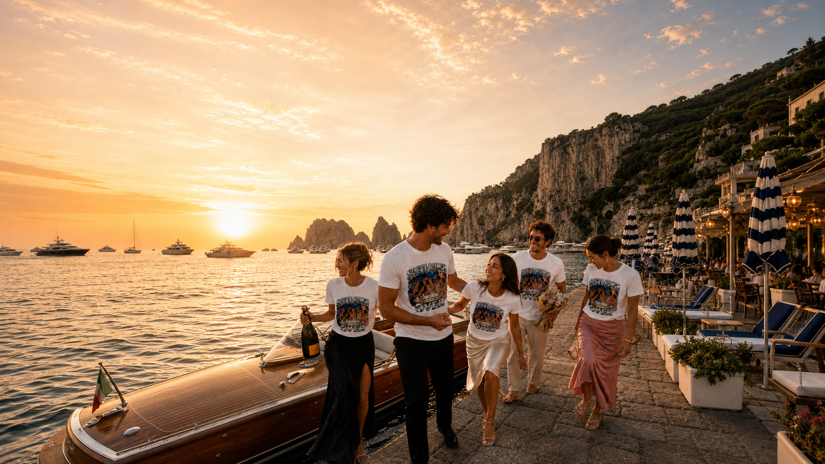Engagement party friends in Capri wearing matching Levyo shirts at a candlelit terrace dinner