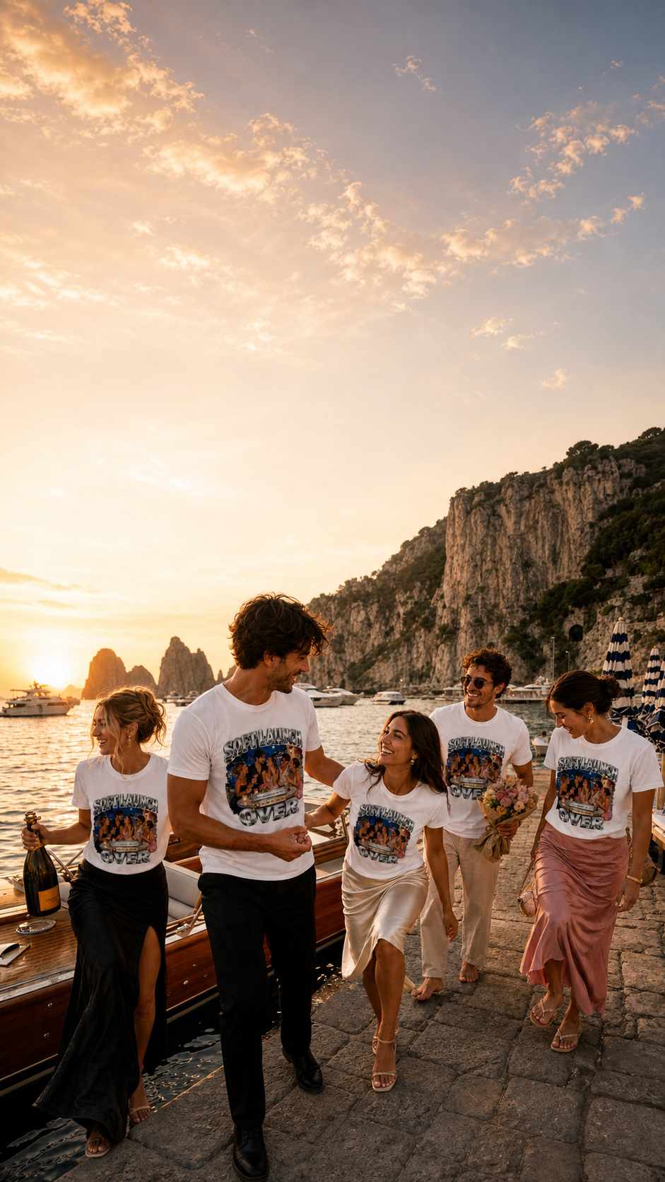 Engagement party friends in Capri wearing matching Levyo shirts at a candlelit terrace dinner