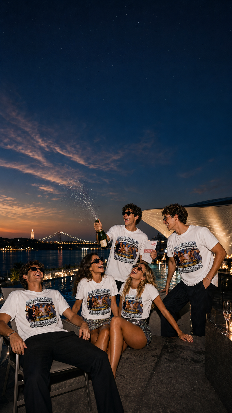 Exam finish party friends wearing matching Levyo shirts after the last paper