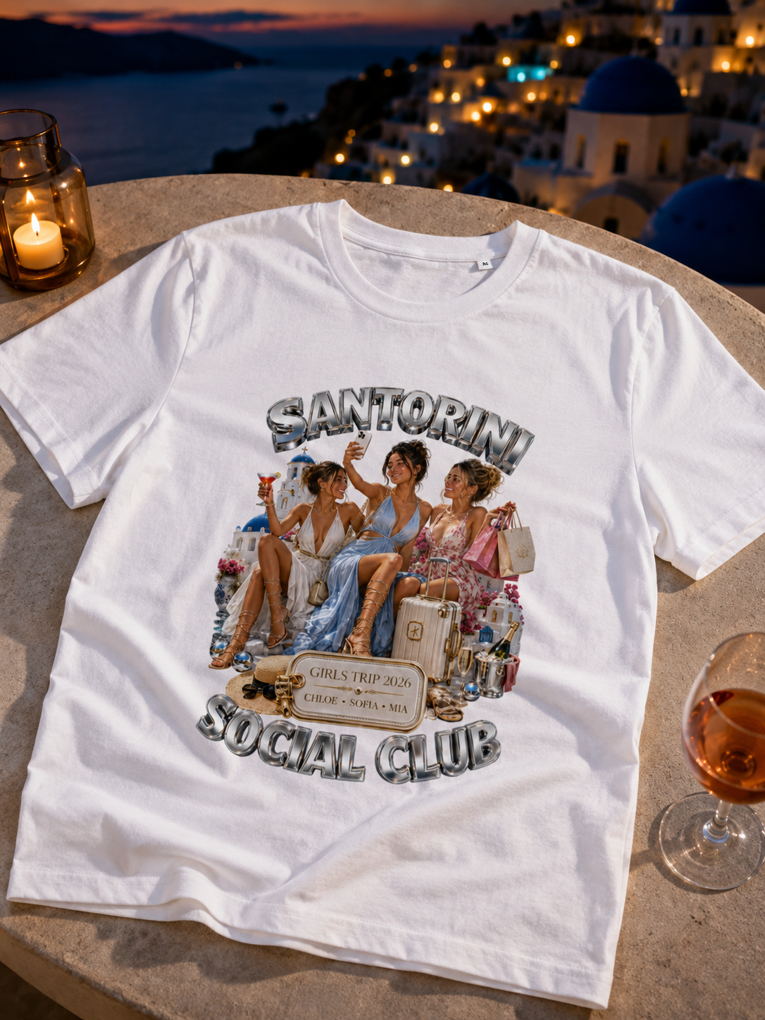 Girls trip Levyo shirt mockup showing the printed Santorini Social Club design