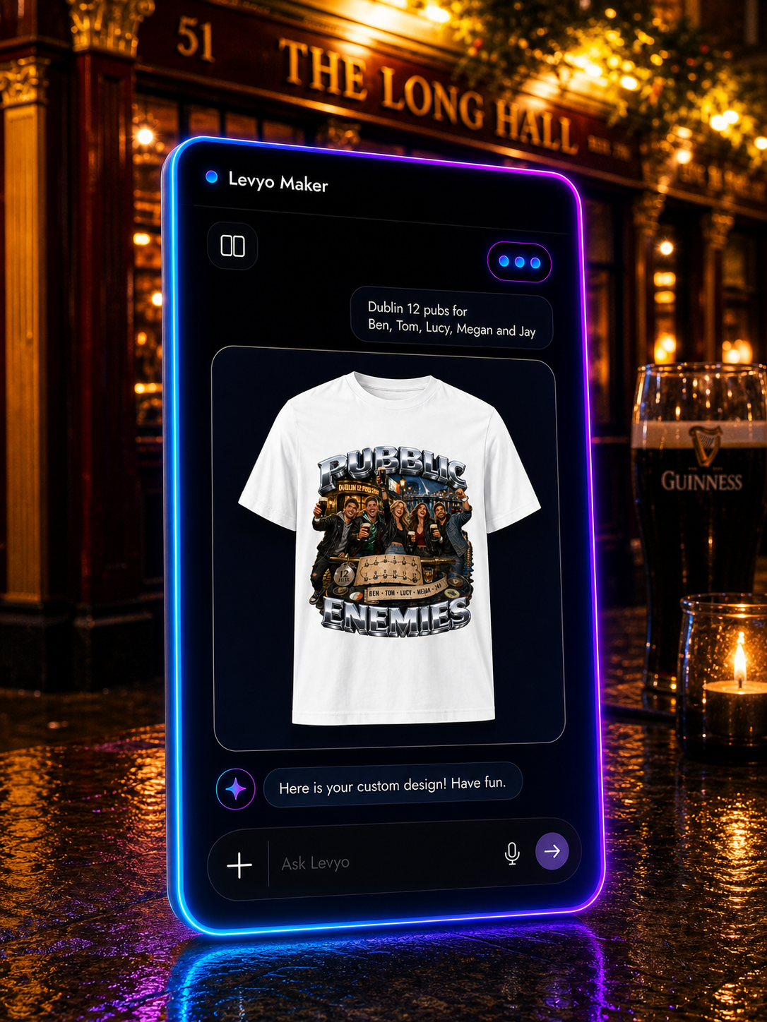 Levyo Maker result screen for 12 pubs t shirts