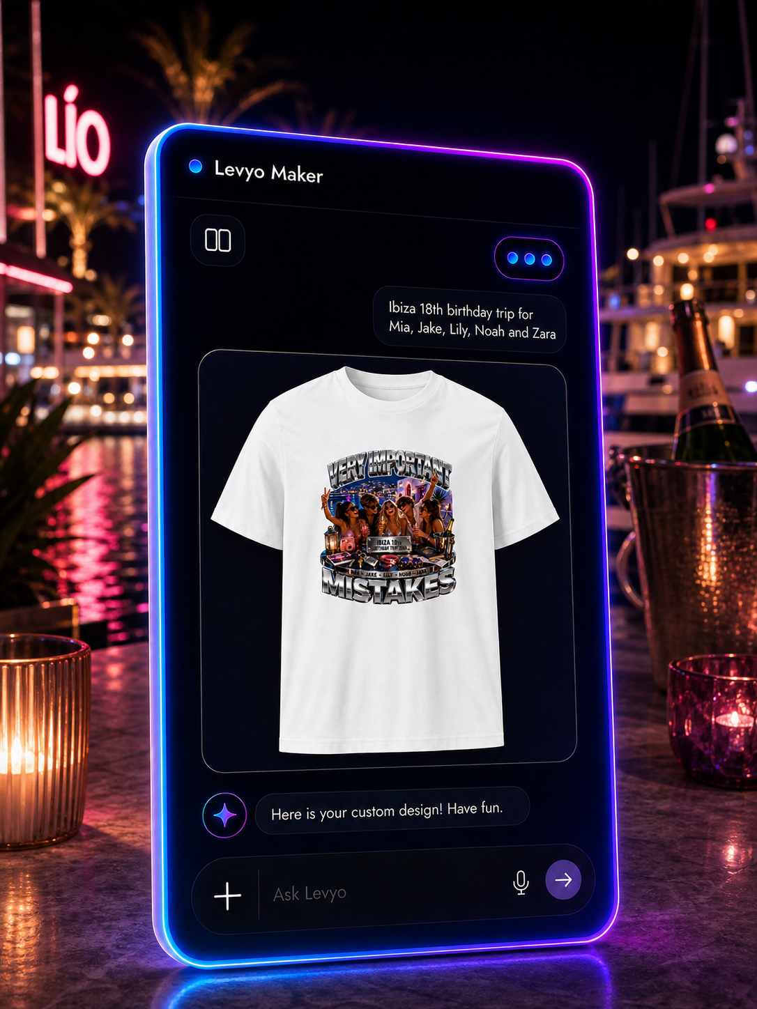 Levyo Maker result screen for 18th birthday trip t shirts