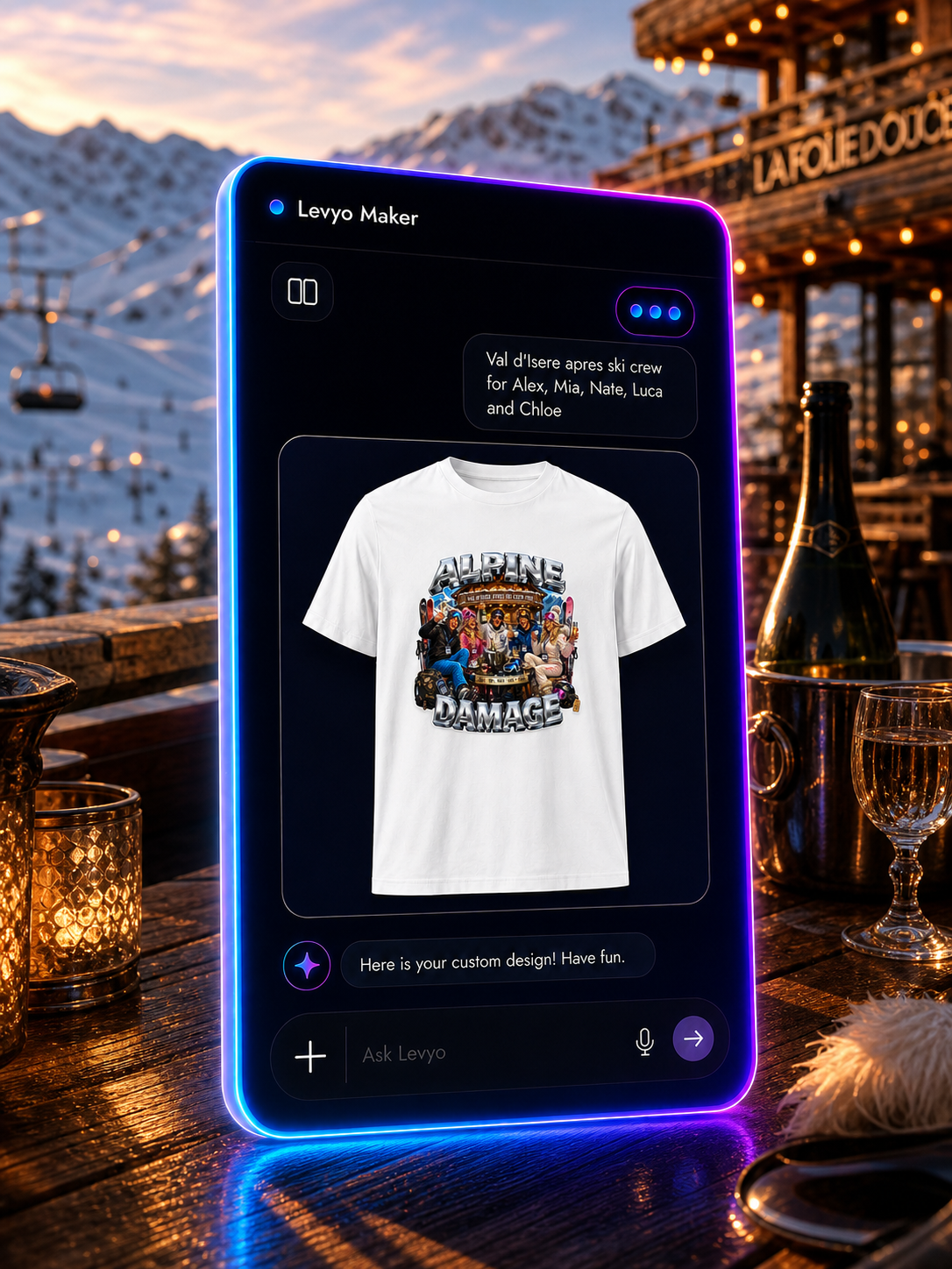 Levyo Maker result screen for apres ski crew t shirts