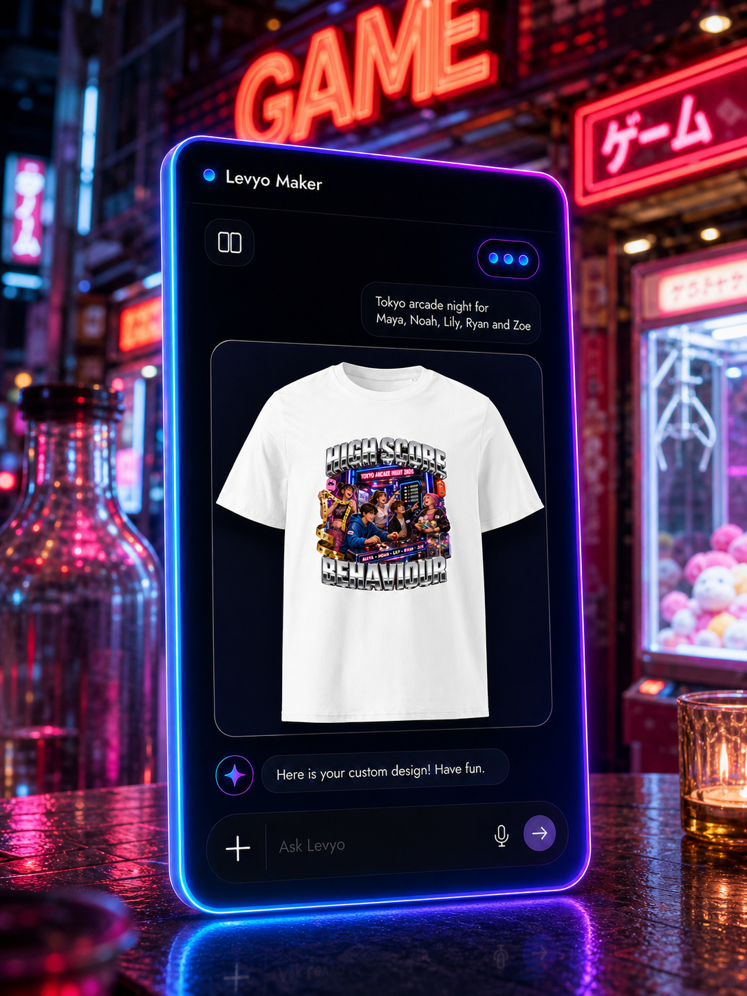 Levyo Maker result screen for arcade night t shirts