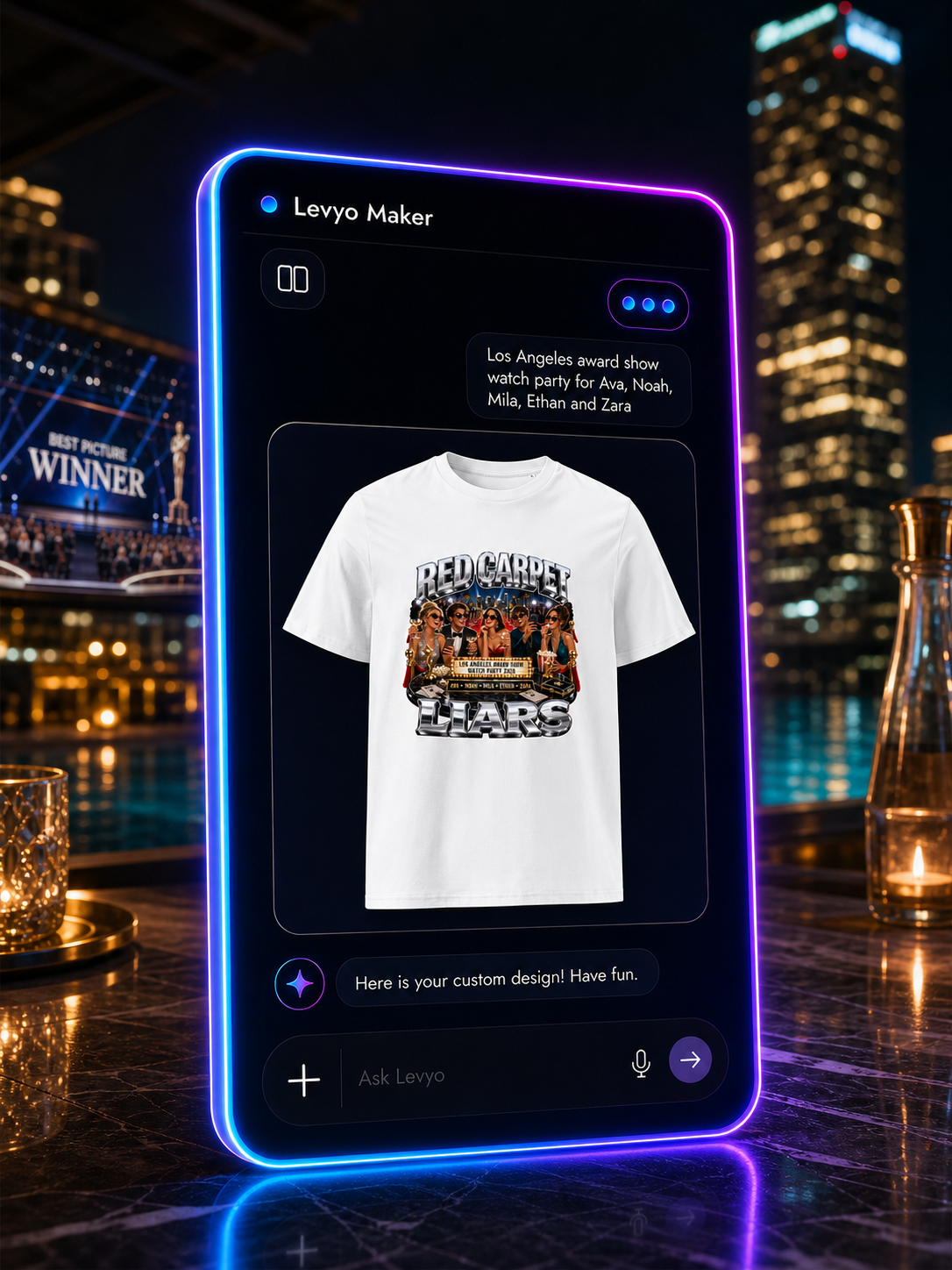 Levyo Maker result screen for award show watch party t shirts