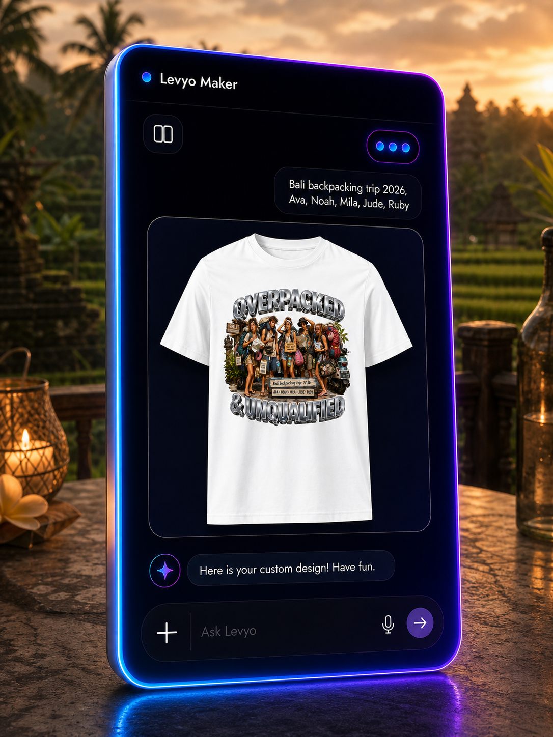 Levyo Maker result screen for backpacking trip t shirts