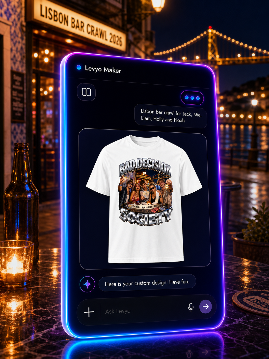 Levyo Maker result screen for bar crawl t shirts