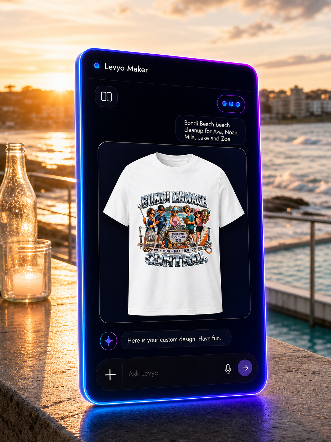 Levyo Maker result screen for beach cleanup t shirts